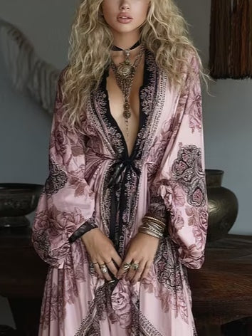 Pink Rose Paisley Print Belted Maxi Robe Dress