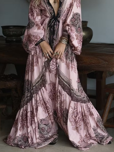 Pink Rose Paisley Print Belted Maxi Robe Dress