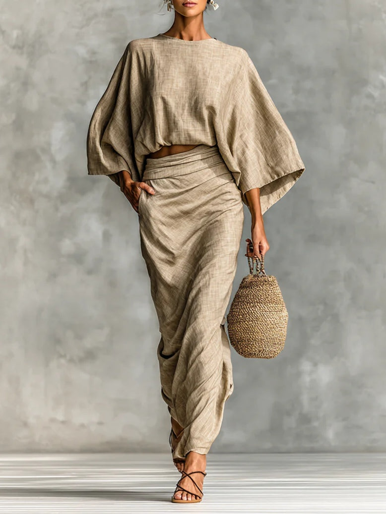 Cotton And Linen Blend Bat Sleeve Long Skirt Two-piece Set