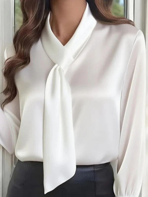 Solid Color Long-sleeved Bow Tie Casual Shirt