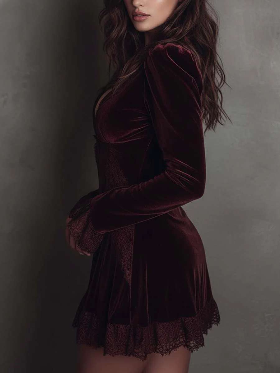 Burgundy Velvet Lace-trimmed V-neck Mini Dress