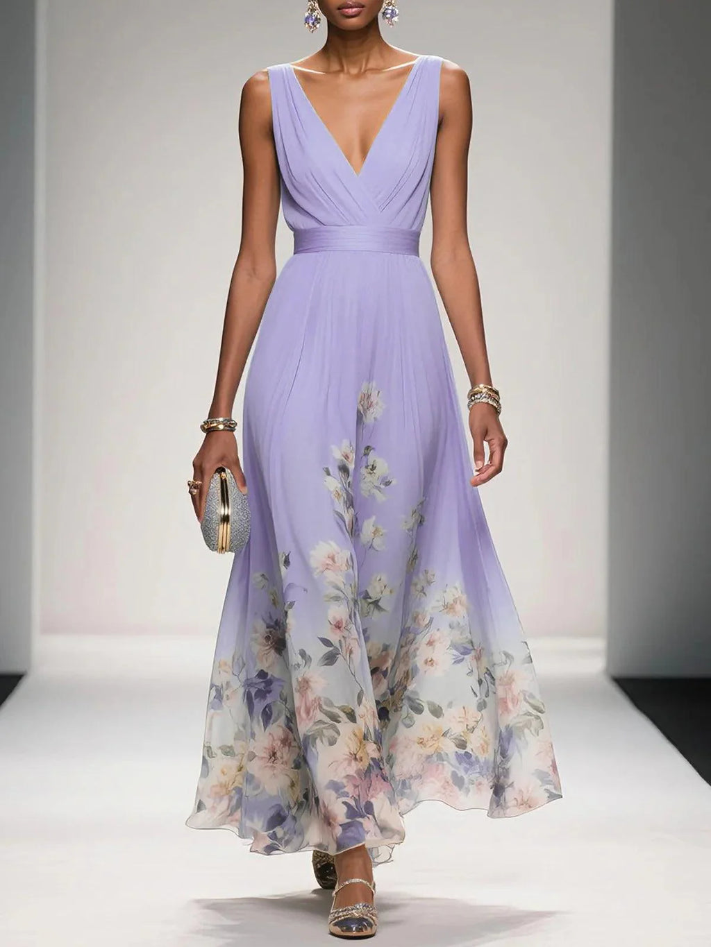 Light Blue Floral Chiffon V Neck Sleeveless A-Line Maxi Dress