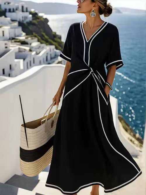 Summer Striped Print Dress Casual Beach Vacation Short-sleeved Maxi Dress Womens Clothing