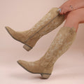 Embroidered Denim High-top Chunky-heeled Western Boots