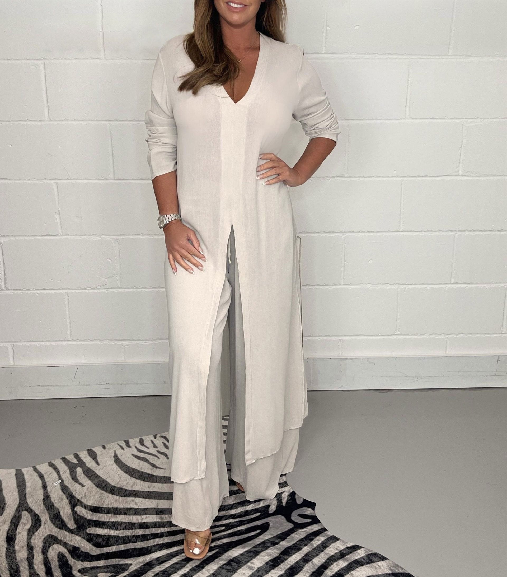 Two-piece Casual Long Top and Matching Pants Set