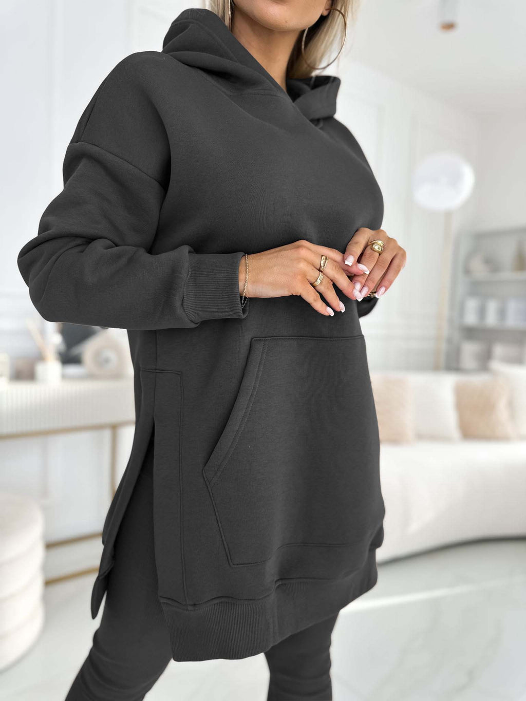 Fashion Solid Color Hoodie and Lined Leggings Two-piece Set