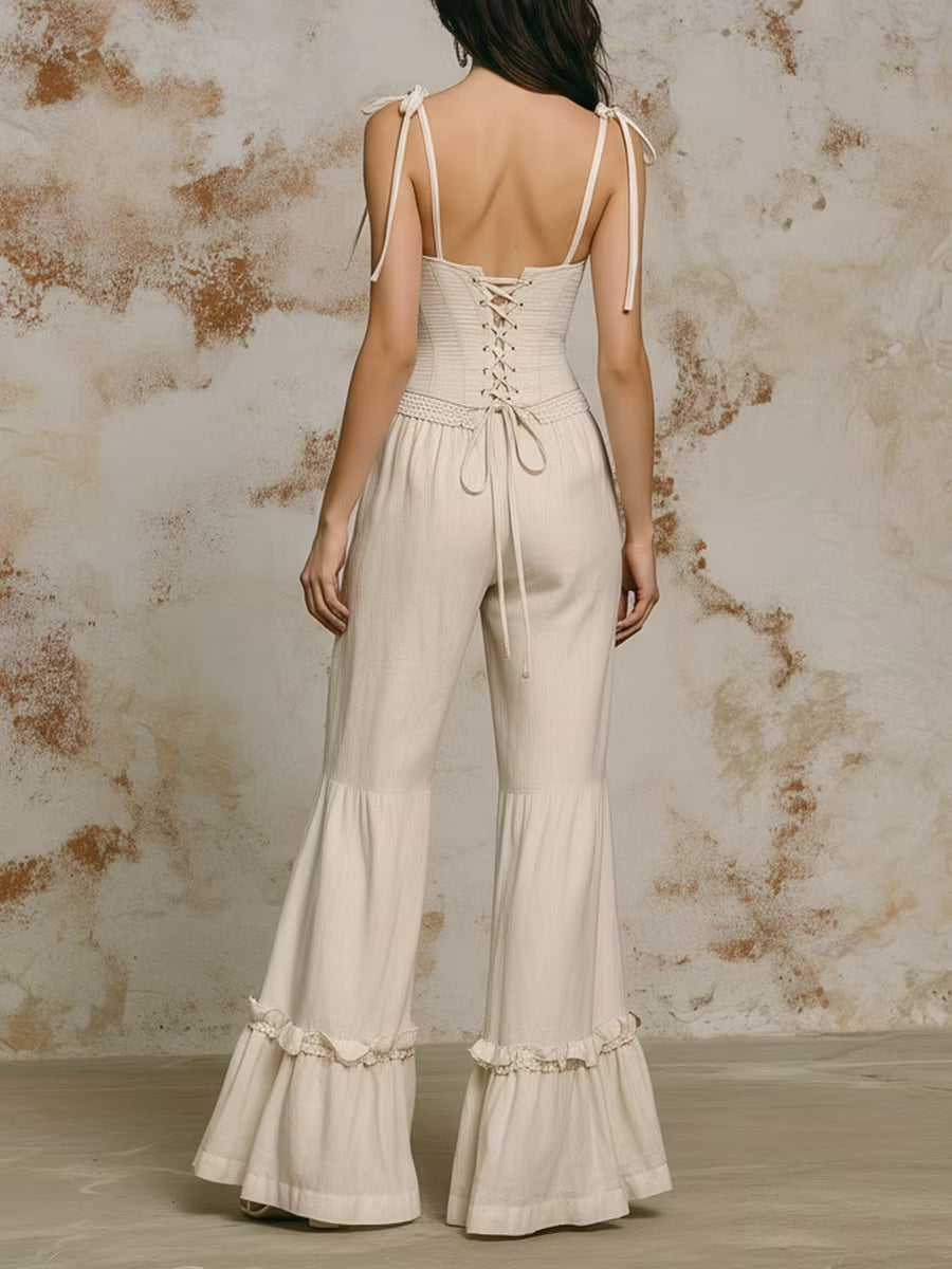 Bohemian Jumpsuit with Lace Paneling and Ruffled Hems