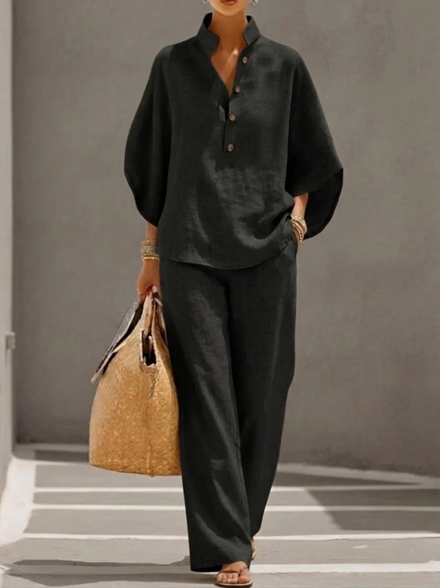 Women's Short-sleeved Suit Summer Loose Pullover Top And Straight-leg Trousers Outfit Clothing