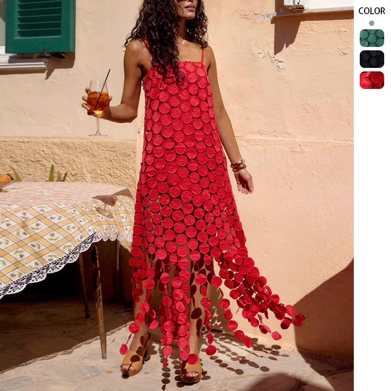 Fashion Hollow-Out Polka Dot Midi Slip Dress - Lightweight Sleeveless Linen-Blend Summer Dress For Women