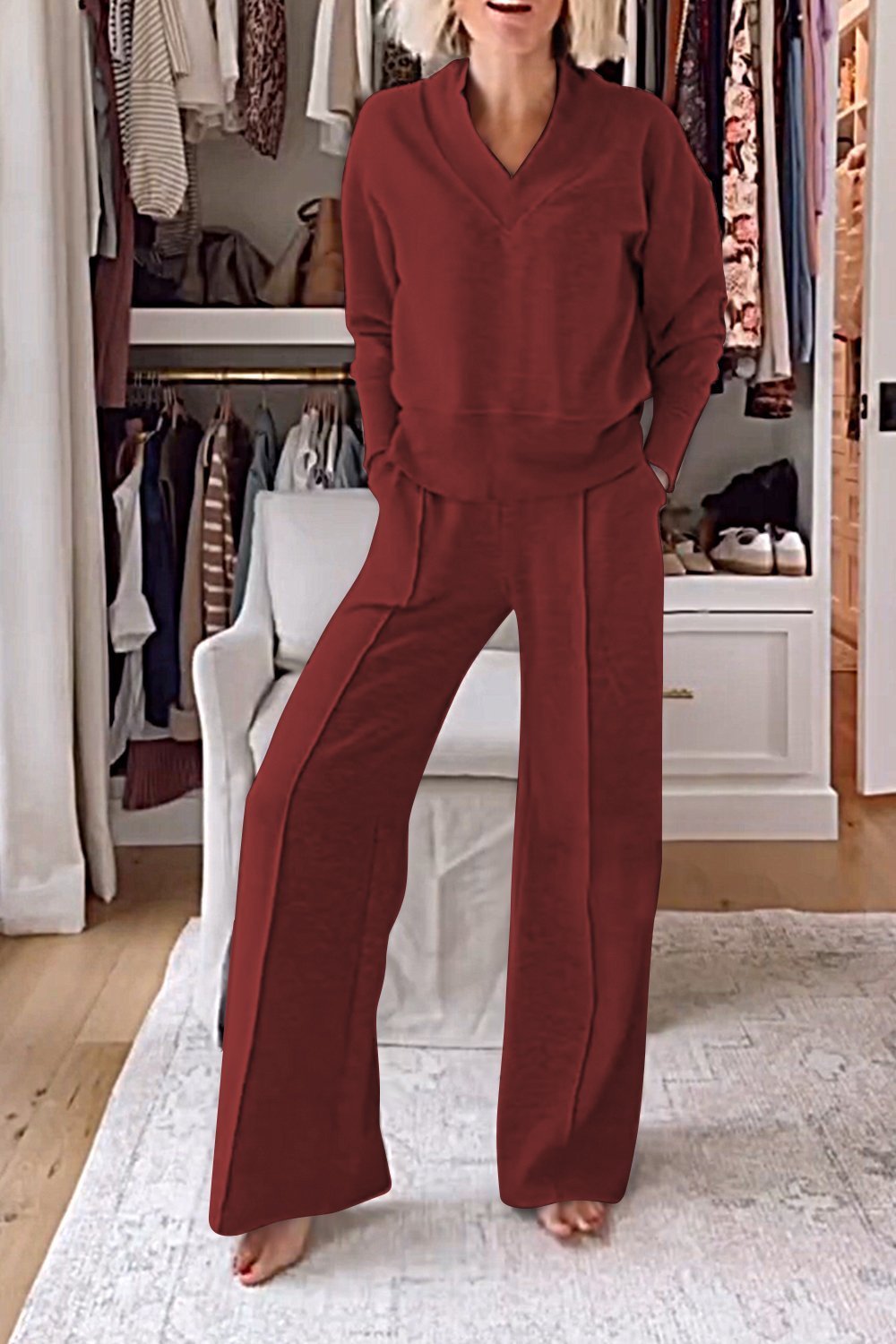 Solid Color V-neck Top & Pants Two-piece Set