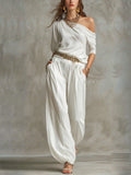 White Casual Off-Shoulder Top and Trousers Set (Includes Belt)