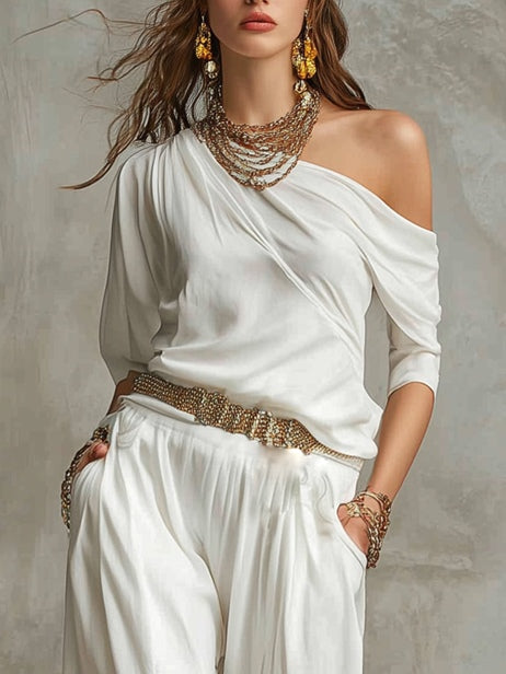White Casual Off-Shoulder Top and Trousers Set (Includes Belt)